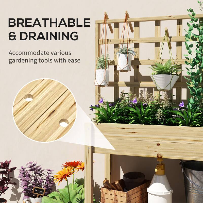 Outsunny Wooden Raised Garden Bed with Trellis, Elevated Planter Box with Storage Shelf, Outdoor Flower Box