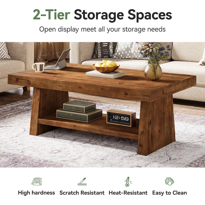 2 Tier Solid Wood Coffee Table for Living Room, 47 Inch Rectangular Center Table with Storage Shelves