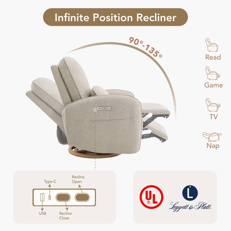Spruce & Spring Power Swivel Recliner Chair Nursery Glider with Lumber Pillow