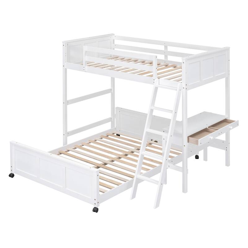Space-Saving Twin Over Full Bunk Bed with Built-In Desk, White