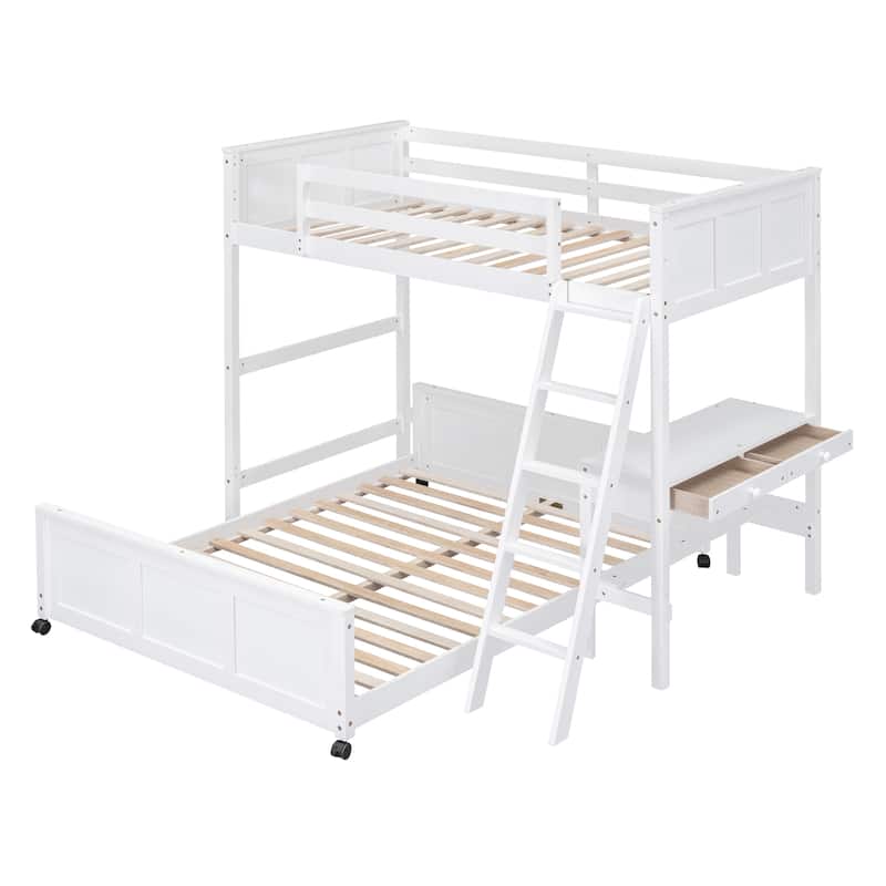 Space-Saving Twin Over Full Bunk Bed with Desk and Drawers - Solid Pine, White/Grey