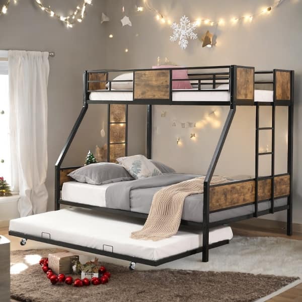 slide 2 of 8, Twin Over FULL Metal Bunk Bed with Trundle 2 - Side Ladder and Full-Length Guardrail Black+Brown