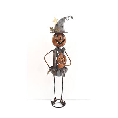 Metal Pumpkin Witch with Jack-O-Lantern Candy Holder Halloween Decoration