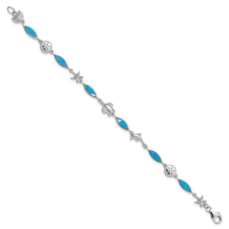 Curata 20mm 925 Sterling Silver Rhodium Plated Blue Inlay Simulated Opal Sea Life Bracelet 7 Inch