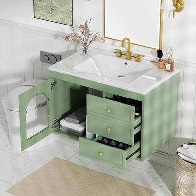 Modern Floating Bathroom Vanity Sink and Wall Cabinet Set, 30" Bathroom Storage Cabinet with Curved Glass Door & 2 Drawers