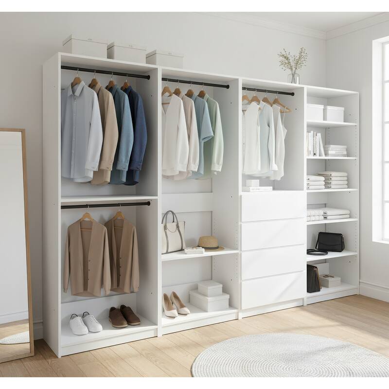 Prosper White Freestanding Walk in Wood Closet System - 125.6"W x 15.7"D x 83" H