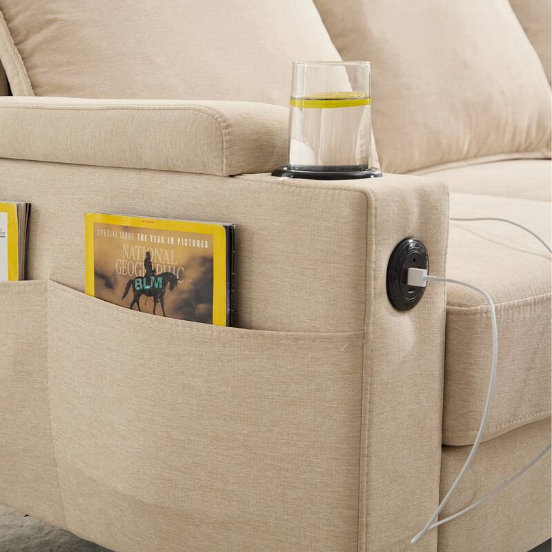 78" Fabric L-Shaped Sectional Sofa with USB, Ottoman & Magazine Bags (3-Seater)