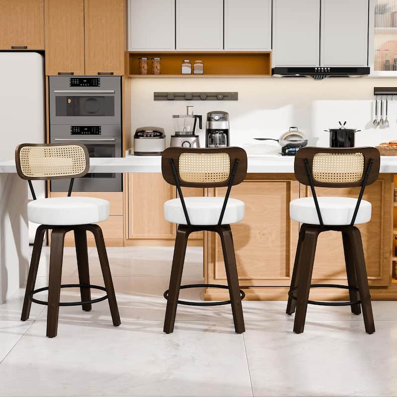 XINMICS 26 Inches Swivel Counter Height Bar Stools with PE Rattan Back, Faux Leather Upholstered Bar Chairs, Set of 2/3/4 - Set of 3 - White - Counter Height