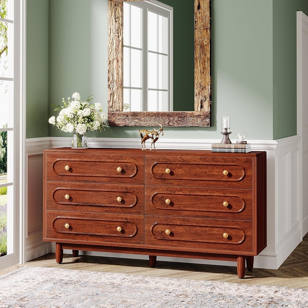 55 Inches 6 Drawer Dresser Double Dresser for Bedroom Brown