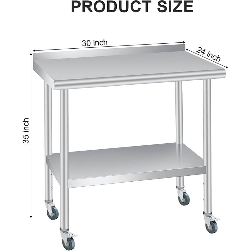 tainless Steel Work Table with Backsplash, Adjustable Under Shelf - With Wheels 30*24in