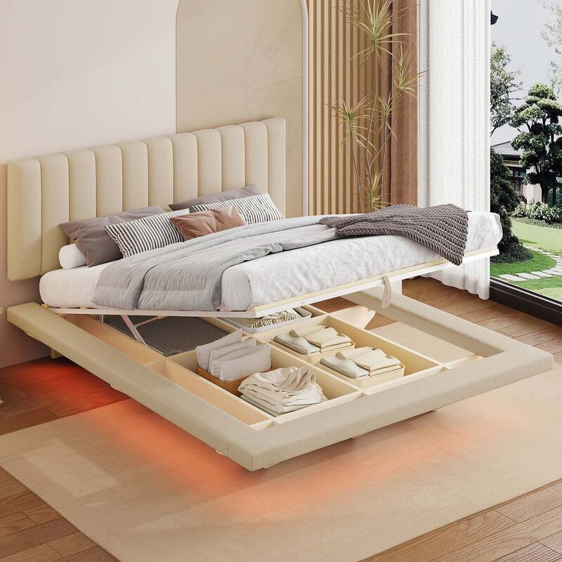 Queen Size Upholstered Floating Bed with LED Light and USB Port