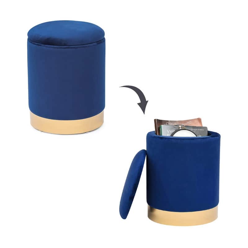 Adeco Round Storage Ottoman Footrest Stool Velvet Gold Plating Base