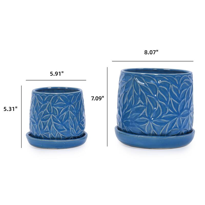 Set of 2 Handmade Modern Embossed Leaf Ceramic Planters with Saucers