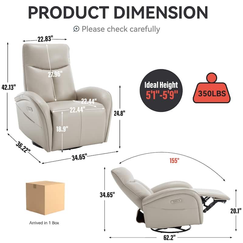 Genuine Leather Power Recliner Chair, 270° Swivel Rocker, USB, Type-C