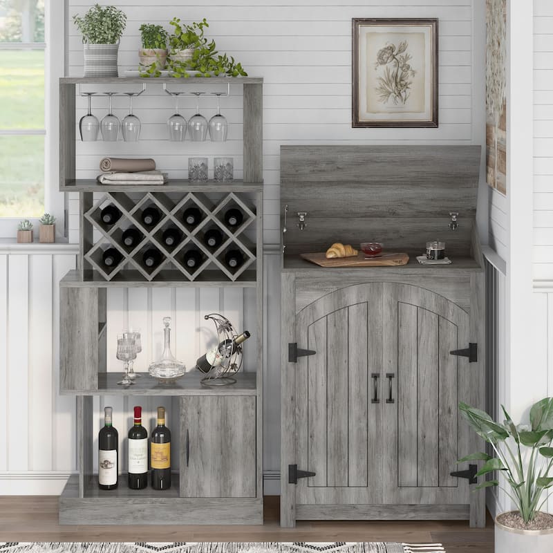 Darci Farmhouse Vintage Grey Oak Multi-Storage 2-Piece Wine Bar Set by Furniture of America