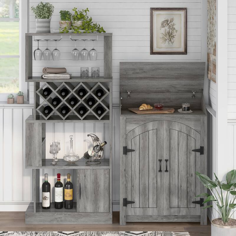 Darci Farmhouse Vintage Grey Oak Multi-Storage 2-Piece Wine Bar Set by Furniture of America