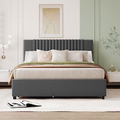 Linen Upholstered Platform Bed Vertical Lines Headboard with Nailhead Trim, Wood Panel Bed Frame 2 Drawers & Trundle Bed