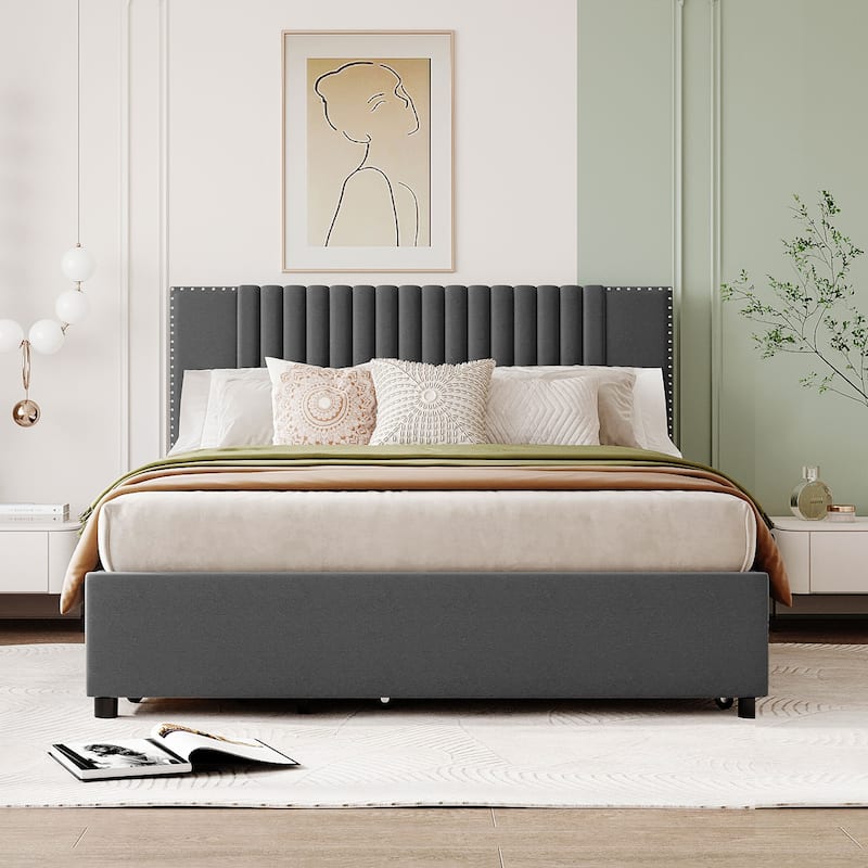 Nordic Creative Queen Size Upholstered Platform Bed with Comfy Soft Headboard Design & 2 Drawers and 1 Twin XL Trundle Bed
