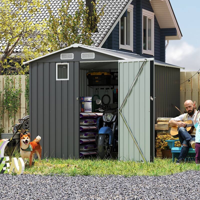 6x8FT Outdoor Steel Storage Shed with Clear Window, Lockable Doors, Compact Metal Tool Shed for Garden
