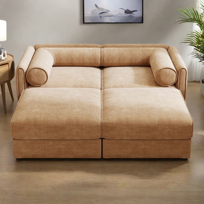75.5" 2-Seater Chenille Sofa with 2 Ottoman Storage Seats, Cylindrical Backrest and Modular Design - Camel