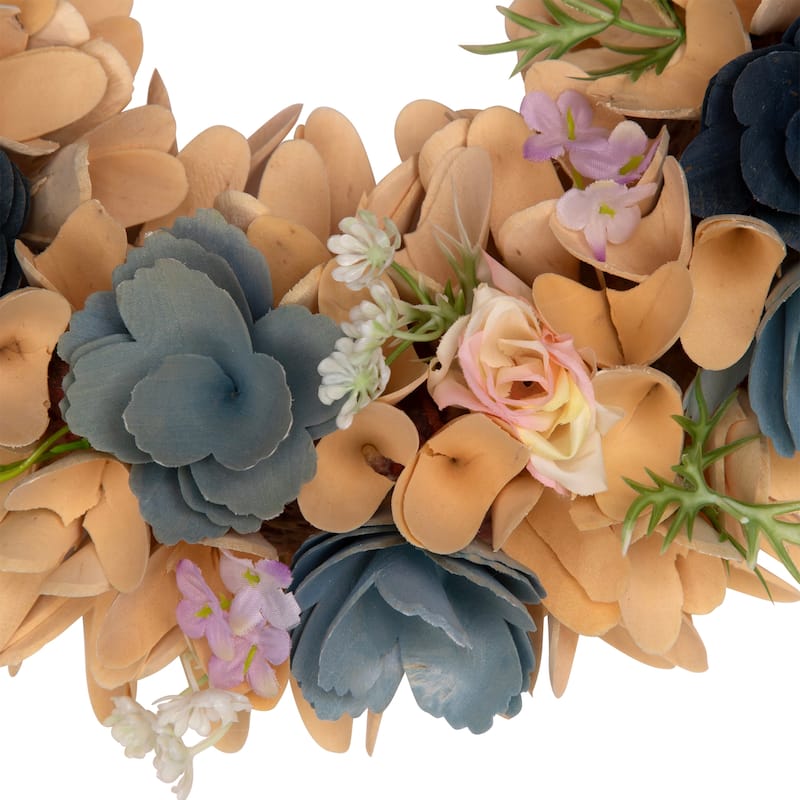 Wooden Spring Wreath with Mini Artificial Flowers- 14"