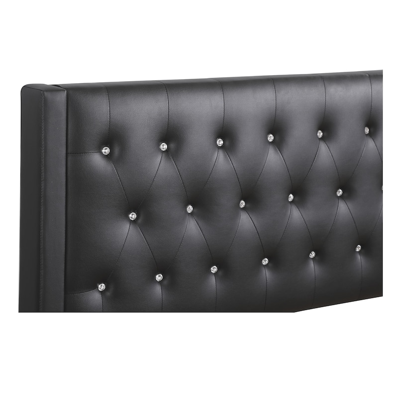 Faux Leather Jewel Tufted Headboard Panel King Bed - 87" - Black