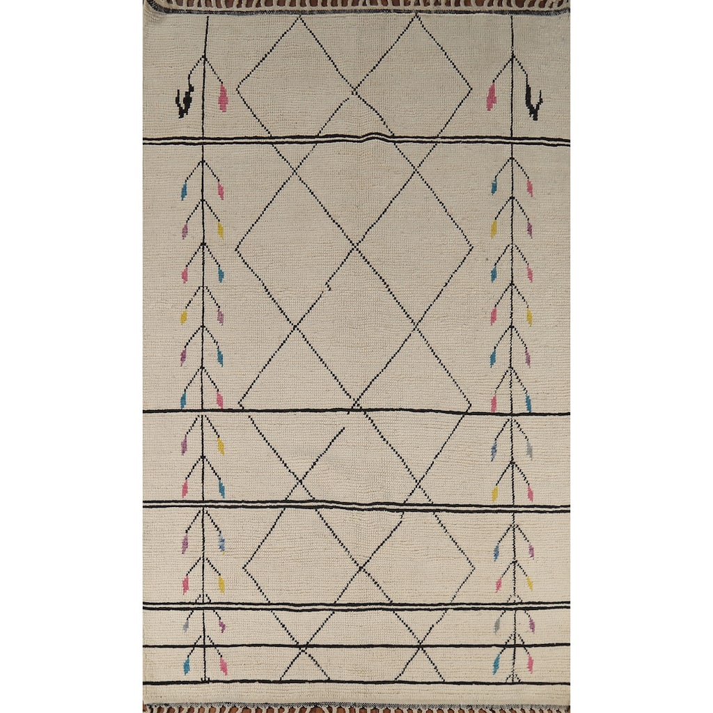Beige / Ivory Moroccan Area Rug Hand-Knotted Wool Carpet - 6'0"x 9'7"