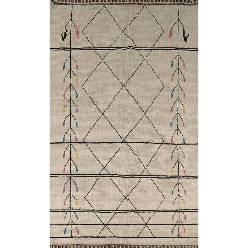 Beige / Ivory Moroccan Area Rug Hand-Knotted Wool Carpet - 6'0"x 9'7"