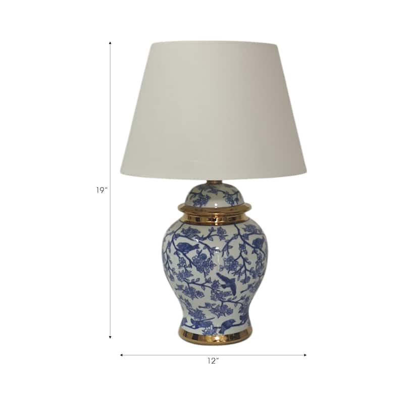 Ceramic Table Lamp Floral Bird Print with Accent Glam Decor - 19" Blue - 12" x 12" x 19"