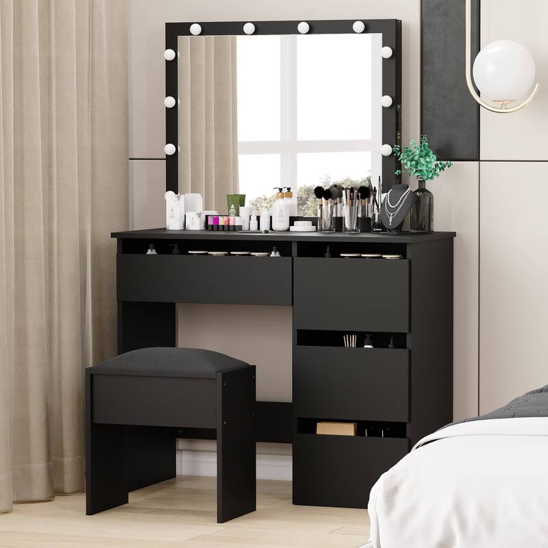 Makeup Vanity Desk Set with Lights and Mirrors - Black