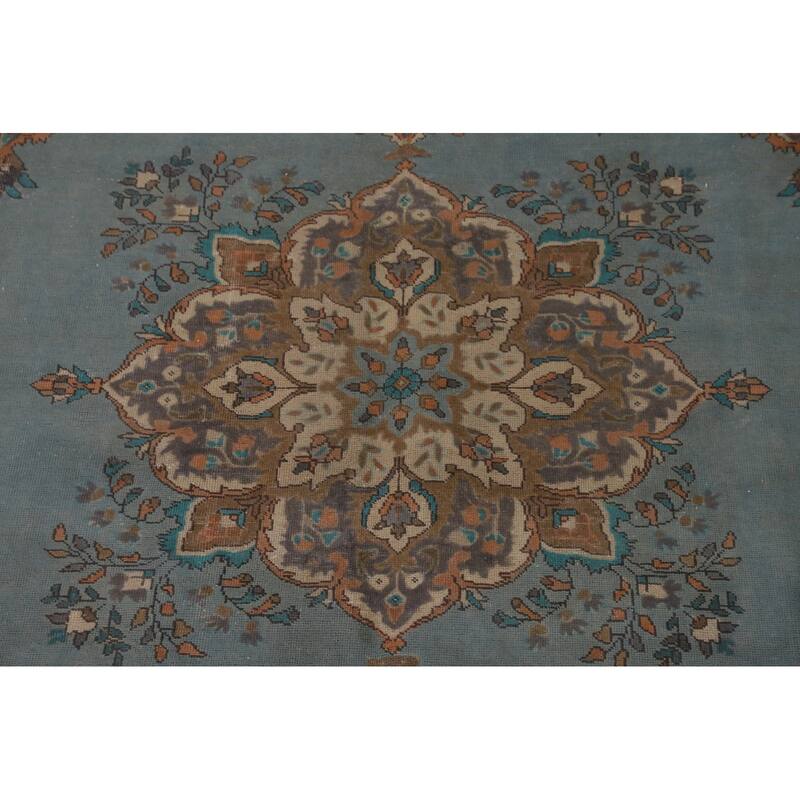 Blue Over Dyed Tabriz Persian Vintage Rug Handmade Wool Carpet - 8'2"x 11'4"