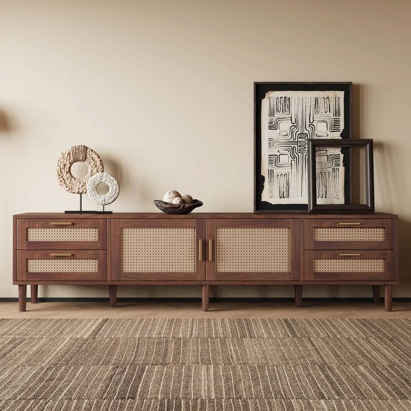 78" TV Stand for TVs up to 85", Media Console with 4 Drawers, Solid Wood Legs & Soft-Closing Hinges - Dark Brown