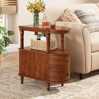 Solid Wood End Table with 2 Drawers and Storage Shelf, Vintage Narrow ...