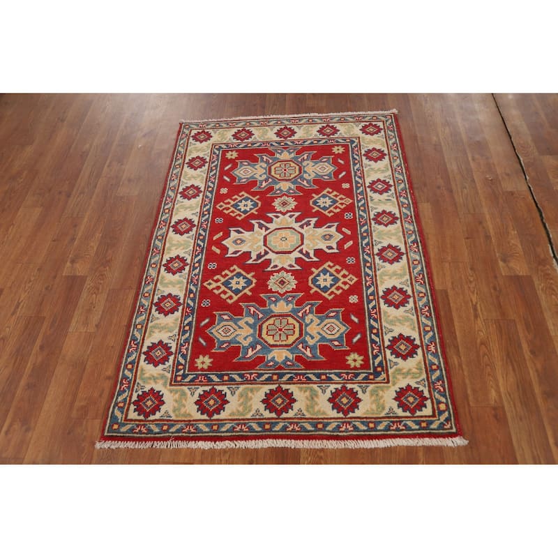 Red Kazak Accent Rug Hand-Knotted Geometric Wool Carpet - 2'10"x 4'2"