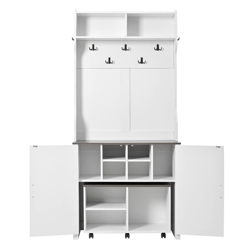 Entryway Storage Bench Hall Tree with Removable Bench & Rolling Seat, Coat Rack with Barn Door Cabinet & Shoe Cubbies