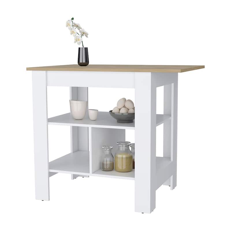 3-Shelf Kitchen Island,Storage Island with Open Shelf - Stationary - White - Wood