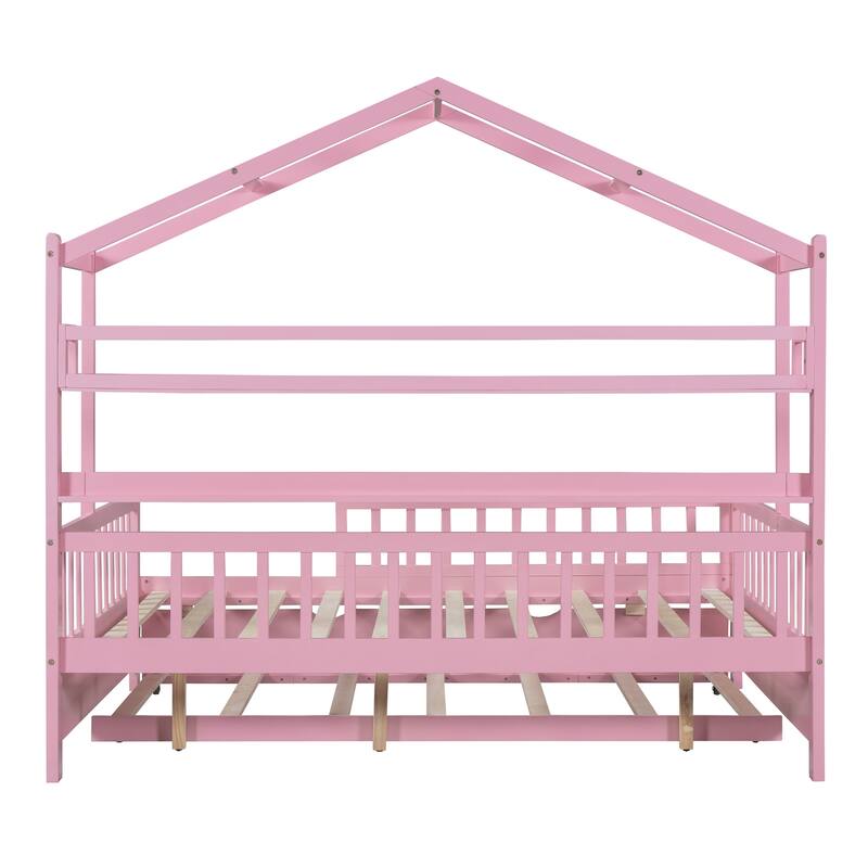 Pine House Bed with Trundle, Shelf & Guardrail