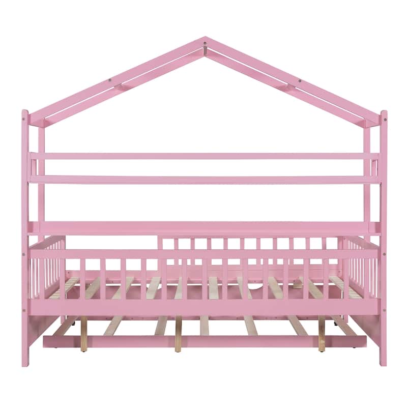 Wooden House Bed with Trundle, Kids Bed with Shelf