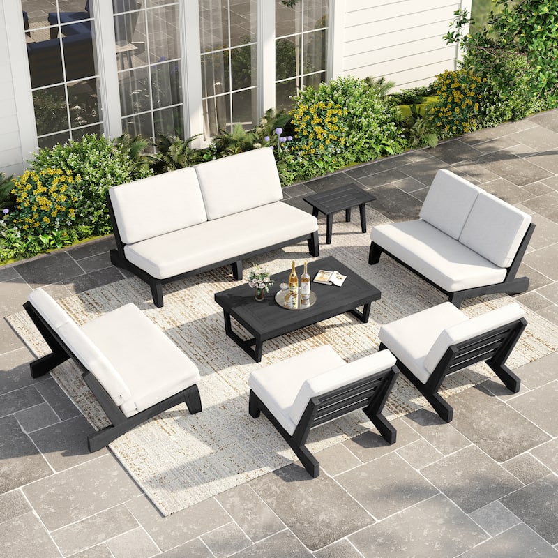 Casual Teak Wood Large 7-Piece Outdoor Patio Conversation Set - Dark Wood - Beige