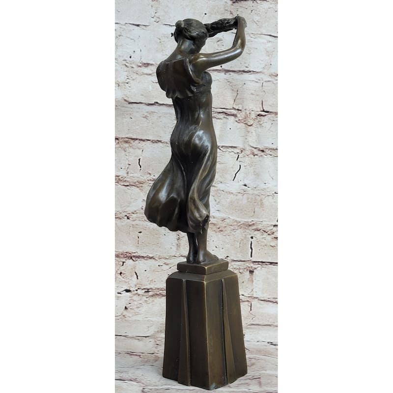 Greek Roman Art Sculpture Woman Holding Up Laurels Wreath Crown Bronze Figure Statue