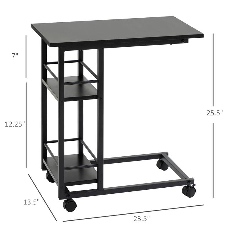 HOMCOM C Shaped End Table with Storage Shelves, Mobile Side Table with Wheels