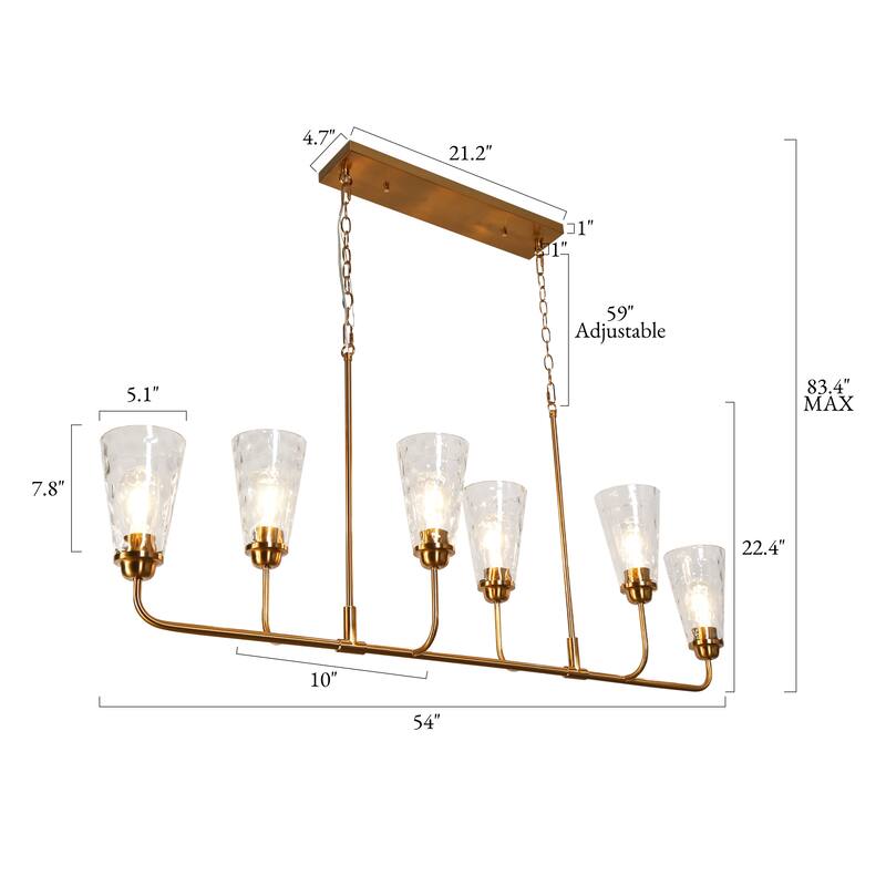 Modern Gold 6-Light 54-IN Linear Chandelier Glass Kitchen Island Lights for Dining Room - W 54" x H 22.4"