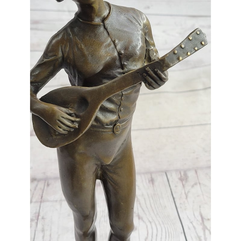 Mandolin Banjo Player Guitar Musician Bronze Sculpture Statue Figure Marble Base 17 Inches X 4.5 Inches