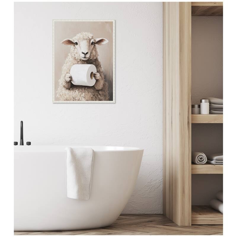 Kate and Laurel Sylvie Cure Sheep Toilet Paper Roll Toilet Bathroom Art Framed Canvas by The Creative Bunch Studio