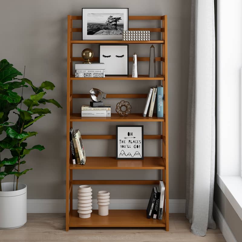 WYNDENHALL Normandy SOLID WOOD 63 inch x 30 inch Transitional Ladder Shelf Bookcase - 30"w x 15.9"d x 63"h - Light Golden Brown