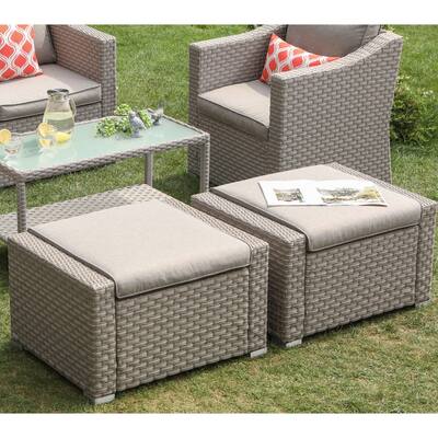 COSIEST Outdoor Patio Rattan Ottomans Seat Wicker Stools with Cushion - Set of 2