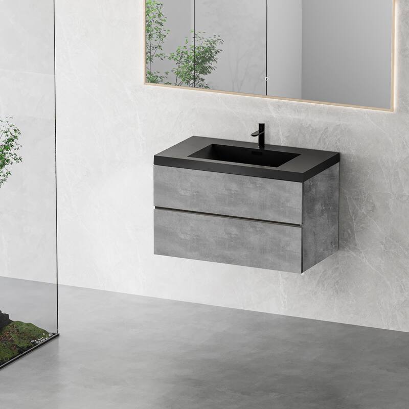 Modern Wall-Mounted Bathroom Vanity in Gray with Black Quartz Sand Top