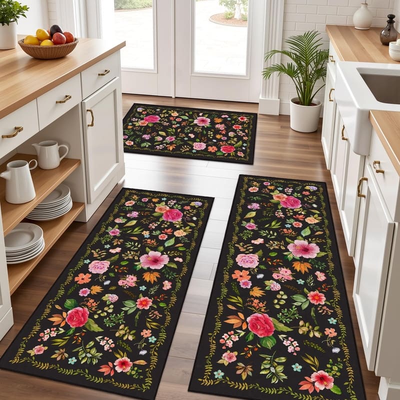 Boho Kitchen Rugs Non-Slip Washable Farmhouse Kitchen Mat 3 Piece Set - 20"x32"+20"x48"+20"x59" - Black