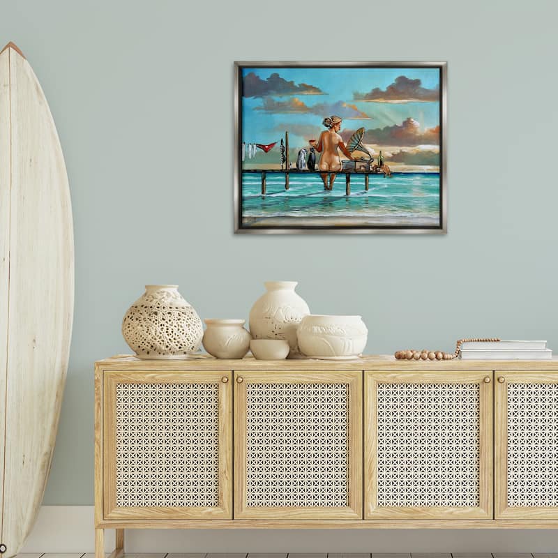 Stupell Woman & Cats Beach Sunset Framed Floater Canvas Wall Art Design By Ronald West