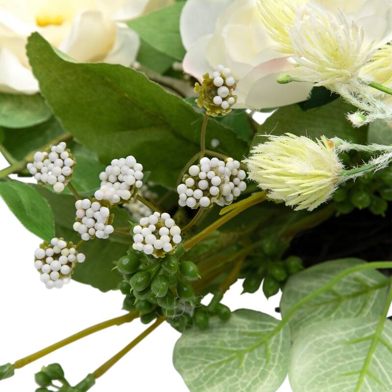 Hydrangea and Ranunculus Artificial Floral Eucalyptus Wreath - 23" - Cream and Green